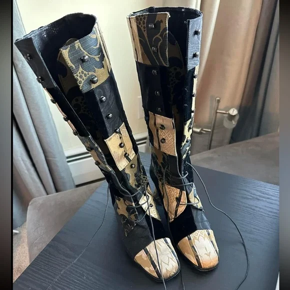 🖤RARE GOTH DREAMS Vintage 80s90s Knee High Velvet Tapestry Patchwork Boots🖤 - Picture 6 of 16
